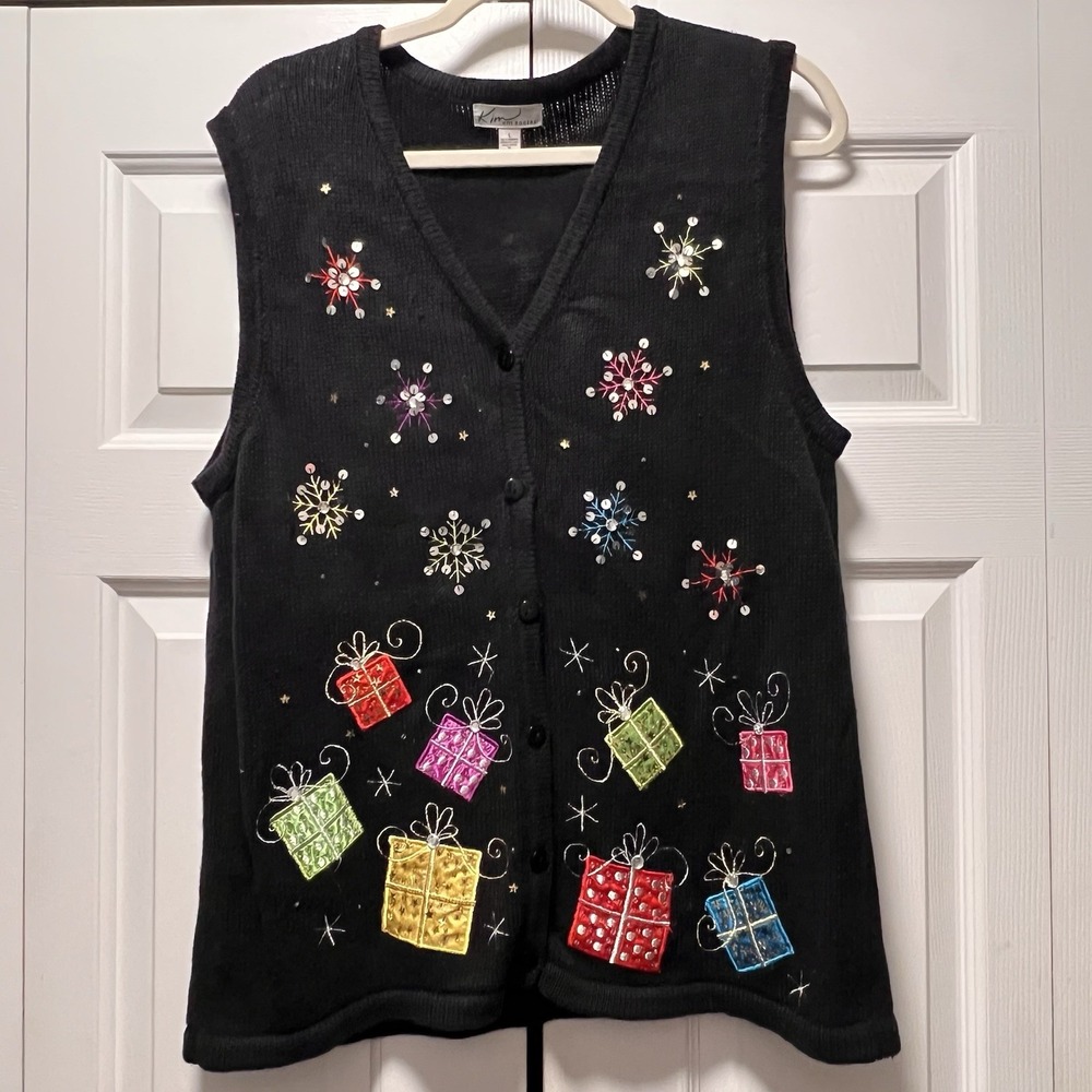 Kim Rogers Black Christmas Presents Sweater Vest Women Large Rhinestone Holiday